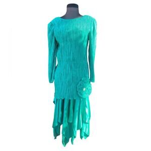 Vtg Cache Crinkled 3D Rosette Drop Waist Asymmetric Hem Dress Size 10 Retro Glam